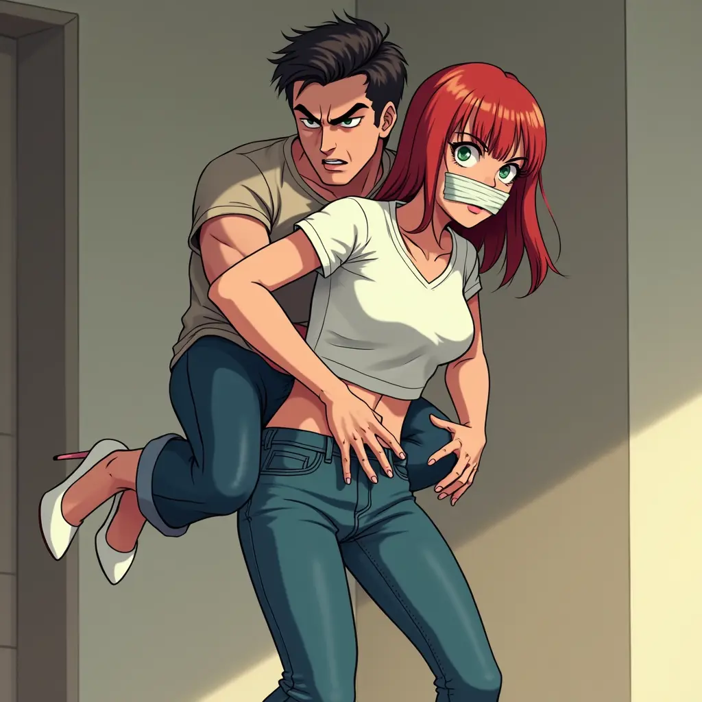  انمي صورة رجل غاضب وعنيف يحمل فتاة روسية عمرها 20 على ظهره وهي ترتدي بنطلون جينز ضيق وقميص ابيض ضيق وكعب ابيض وفمها مغلق ب لاصق وهي خائفة 