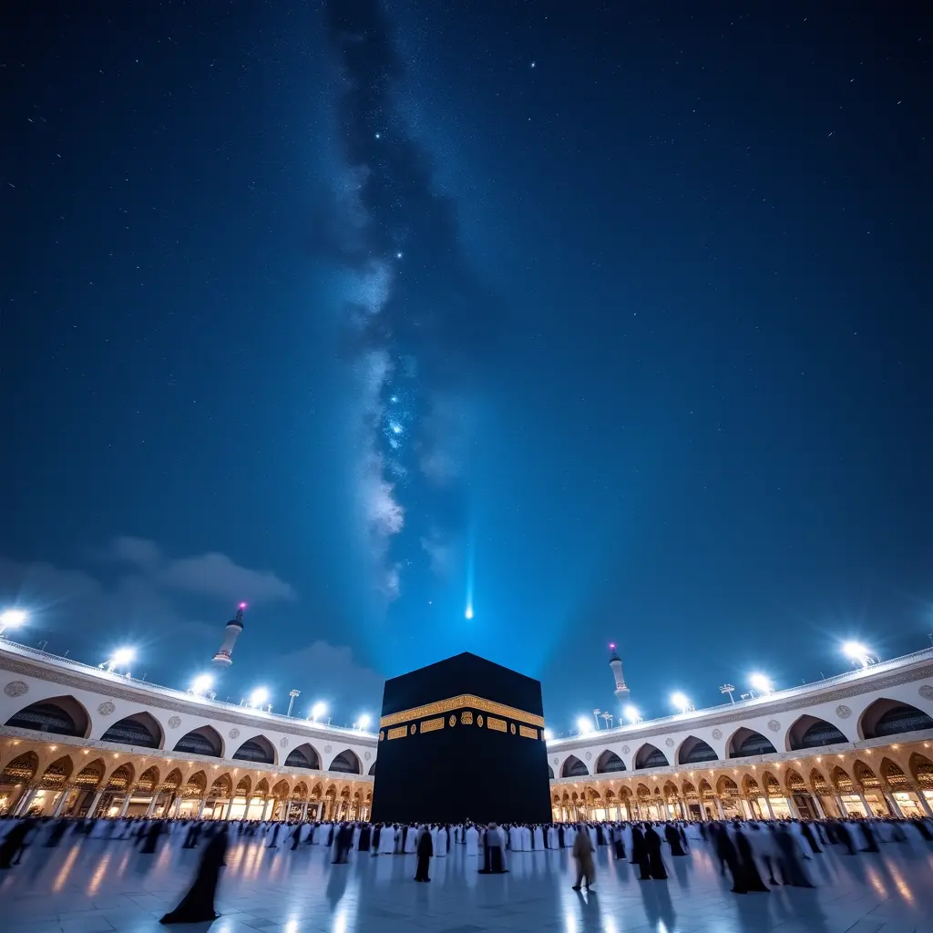 تحت سماء الليل الغامضة في مكة المكرمة، تشع الكعبة بتوهج هادئ، مضاء بدرجات لطيفة من اللون الأزرق السماوي والبنفسجي. تبدو النجوم أعلاها وكأنها ترقص في انسجام، صورة تم التقاطها بتعريض طويل يعزز الأجواء السماوية. تحتضن زاوية واسعة المشهد المقدس، مما يجذب المشاهدين إلى لحظة من الهدوء الروحي والعجب.