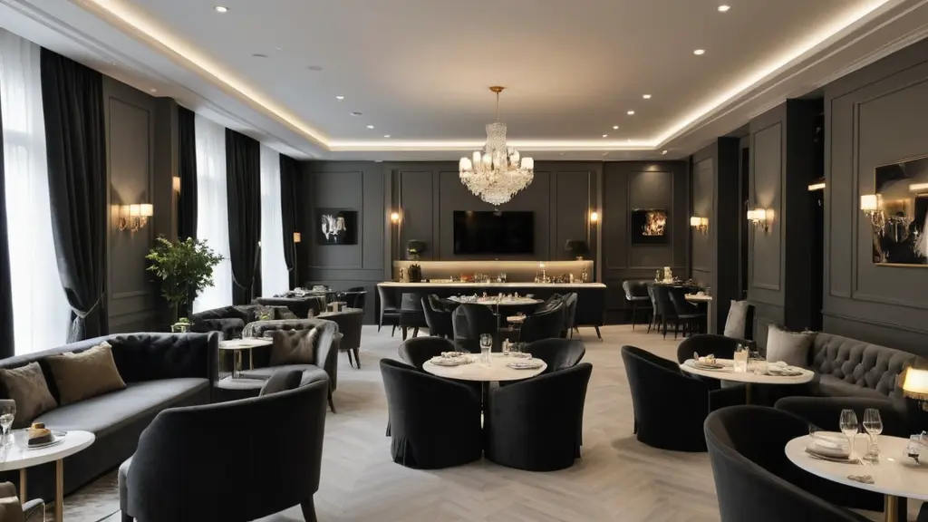 ديكور كافيه ملكي راقي جدا باستخدام الاوان الزيتوني والرمادي والاسود بمساحة لا تقل عن 300 متر مربع مع وجود شاشات تلفزيون لكل جلسه مخصصه من اربعه اشخاص با استخدام الألوان الزيتوني والرمادي والاسود واستخدام الكراسي والاريكه الكنب الفاخرة مع عمل ديكور واضائه مخفيه للسطح