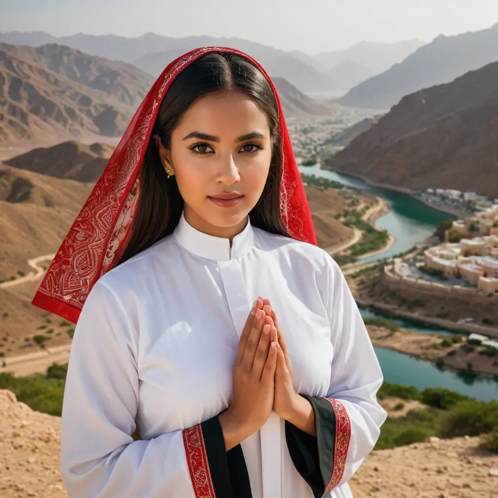 صورة لامرأة شابة في العشرينات من عمرها ترتدي الزي العماني التقليدي. تتميز بعباءة بيضاء مزخرفة بألوان الأحمر والأخضر، تحمل نقوشاً تقليدية دقيقة. ترتدي حجاباً بنفس الألوان، مما يبرز جمالها. تعبر عن الأناقة والثقة، وتضع يديها بشكل جميل على جوانبها. الخلفية تعكس المناظر الطبيعية العمانية، مع جبال أو معالم تاريخية تضيف لمسة ثقافية للصورة."