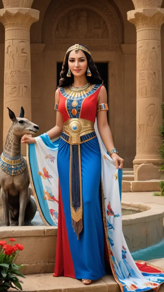 صورة فستان أزرق واحمر وأبيض فرعوني مع الملكه كليوباترا تبتسم فى الزى الفرعوني الجميل والزهور والطيور الجميلة ونافورة ماء جميلة وغزالتين وطاووس والمسلات المصرية الجميلة والألوان الزاهية والخيل والمعابد المصرية الجميلة والأشجار الجميلة
