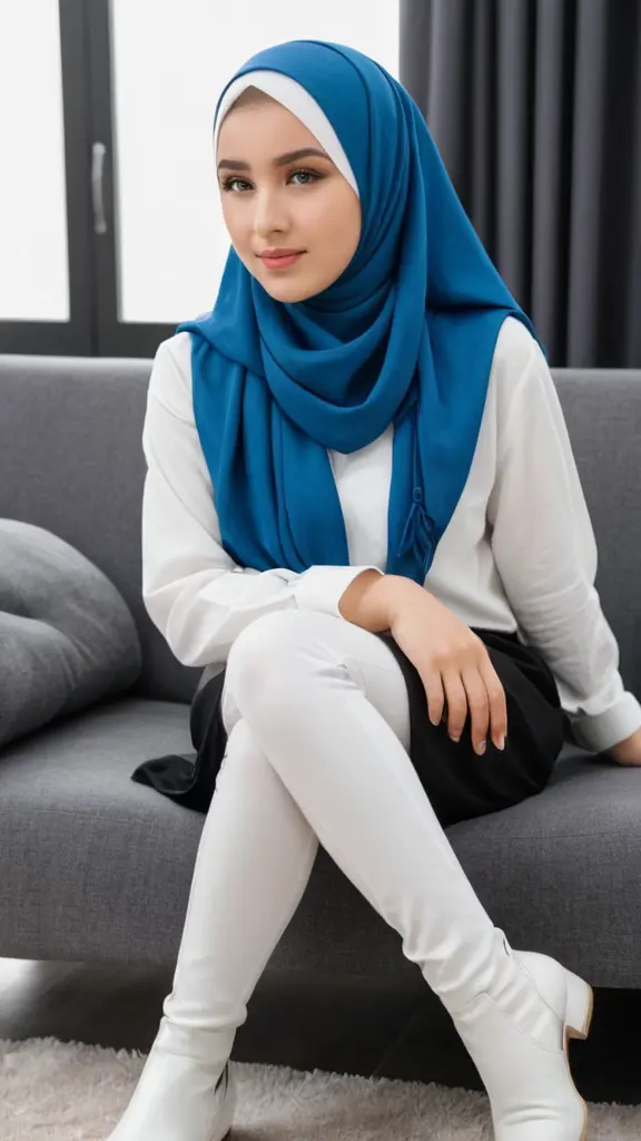 "أريد صورة لفتاة مراهقة جميلة، محجبة بحجاب أبيض، ترتدي تنورة زرقاء تصل إلى تحت الركبة، وفيزون مصنوع من قماش ناعم ومرن باللون الأسود الجذاب، وجزمات بيضاء أنيقة. الفتاة جالسة على كنبة وتنظر إلى الأعلى. زاوية التصوير تكون من أسفل إلى أعلى."