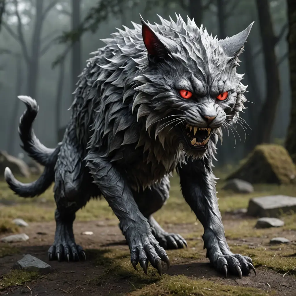 A hyper-realistic 3D render of an anthropomorphic cat dressed as Gravehowl the Ghoul Beast. The cat, with ragged gray fur and haunting red eyes, is layered in piecemeal skeletal armor and a spiked collar, with mist swirling around its body. Posed in a hunched, feral stance with elongated claws reaching forward, the cat’s expression is twisted in a snarl, embodying a wild and cursed creature of the graveyard. The camera angle is low and dynamic, capturing the raw, savage energy and ghastly figure of the character. Realistic shading with soft gradients enhances the weathered textures of the bones and armor, while ink and digital painting techniques bring intense linework and dark shadows.