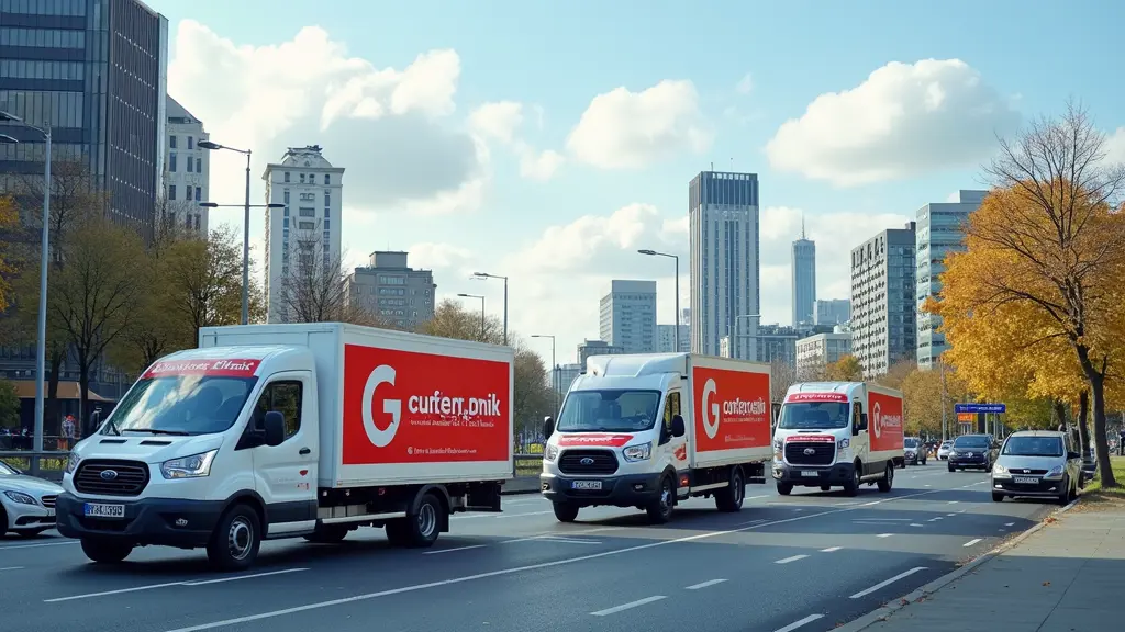 ein schönes Bild der Stadt düsseldorf im Hintergrund mehrere vorbeifahrenes und auch stehende FirmenFahrzeuge unterschiedlicher Größen welche professionell beschriftet wurden und sichtbar sind außerdem ein paar ladenlokale welche ebenfalls professionell beschriftet sind und zusäzlich ein werbeplakat und ein Banner was auch schön beschriftet ist, die designs von den Elementen dürfen nicht identisch sein. Dabei liegt der Fokus von dem Bild auf die Elemente die ich geschrieben habe