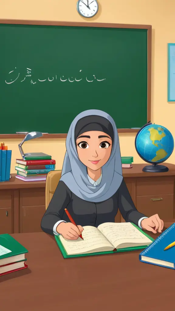 شخصية كرتونية لأستاذة تعليم إبتدائي ترتدي لباس طويل يغطي اليدين و الساقين و ترتدي حجاب مميز على رأسها، تجلس في مكتب عليه كراريس بألوان جذابة و فوقه كرة أرضية صغيرة، و خلفها سبورة خضراء اللوان مكتوب علها حروف عربية، داخل قسم جدرانه ملونة بألوان فاتحة و جذابة