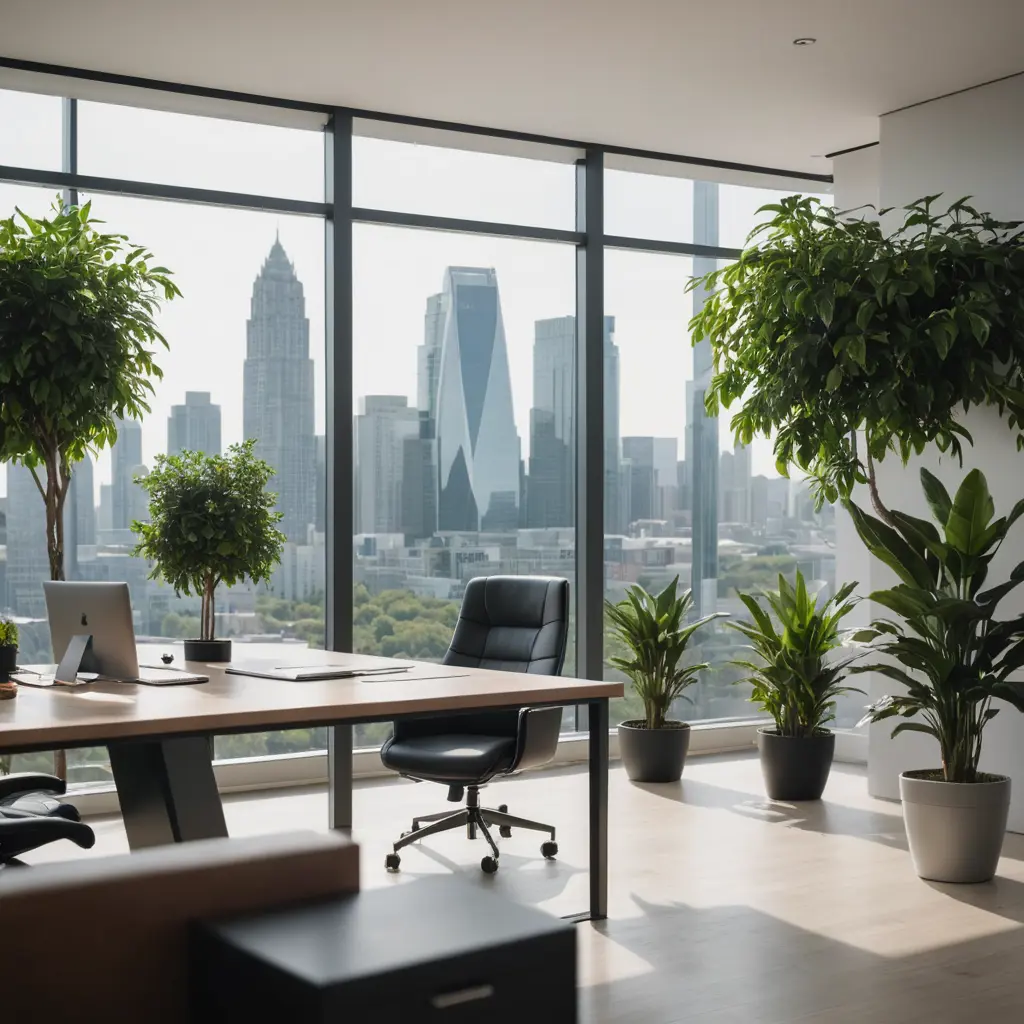 مكتب شركة حديث به مكتب وكرسي ونباتات ونوافذ كبيرة. تطل النوافذ على مباني المدينة والخضرة. يجب أن يكون المشهد مضاءً جيدًا، مع مقدمة حادة وخلفية ضبابية تدريجيًا لتقليد عدسة 50 مم بعمق مجال f/2.8. المكتب منظم ويحتوي على أثاث فاخر عالي الجودة. اجعله أكثر واقعية وشحص واقف بشري