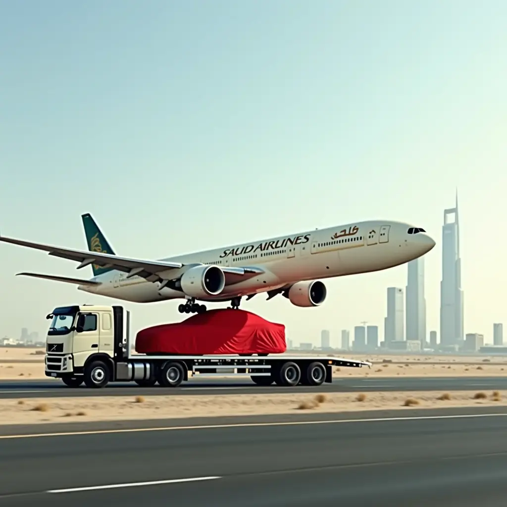 شاحنه سطحه تمشي في الطريق وتحمل طائره من الخطوط السعودية B777 بدون اجنحه بمعنى انها مركبه بدون اجنحه و فوق الشاحنه الطائره هاذي . و يوجد سياره مغطاه بشراع احمر و مقدمه كهديه بجانب الطريق . وفي نهايه الطريق يوجد ابراج الرياض و الماليه و البولي فارد في الرياض