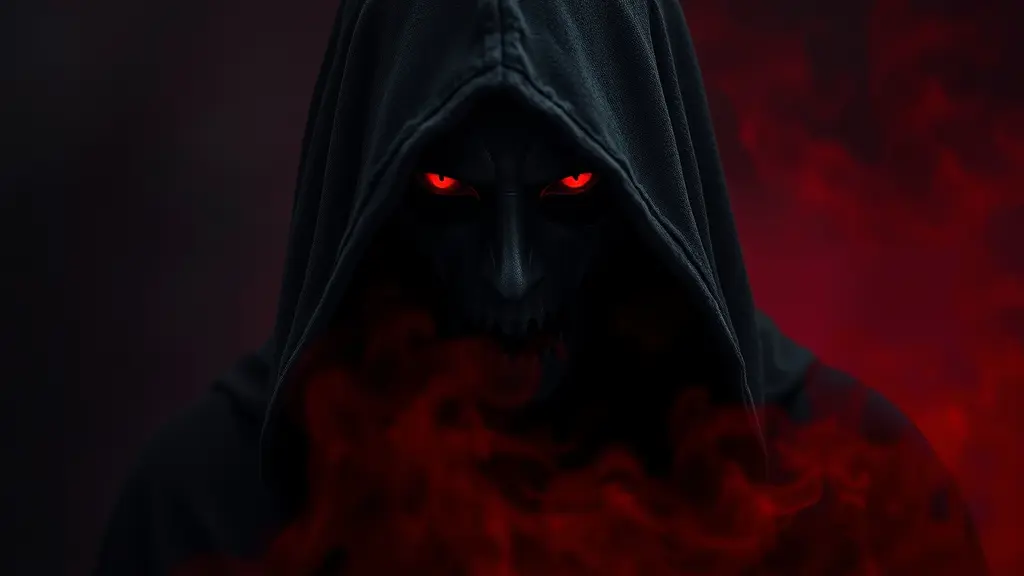 The image depicts a mysterious hooded figure shrouded in darkness, with glowing red eyes piercing through the shadows. The cloak is dark and textured, covering most of the figure's face, adding to its eerie and ominous presence. The background is also dark with hints of red, resembling smoke or mist, enhancing the sinister atmosphere. The overall composition gives off a supernatural or villainous vibe, reminiscent of dark fantasy or horror themes.