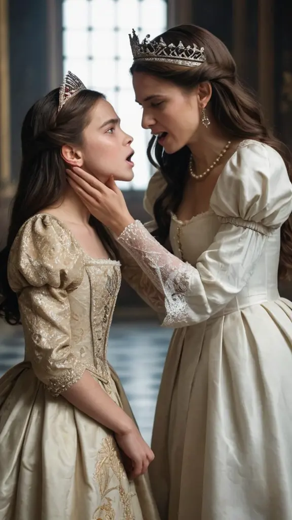 إنشاء صورة إنسانية معبرة بين فتاتين تعبر عن الظلم والأنانية.
فتاه تبدو ملكة غاضبة بأجمل فستان تصرخ في وجه فتاة خادمه سمراء تبدو ضعيفة فقيرة ملابسها بالية مرقعه تبكي وتتساقط دموعها وتضم يديها متوسلة وطالبة الغفران من الأميرة.