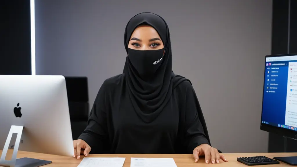 A woman is seated at a desk, wearing a black hijab, a matching black face mask, and a black sleek attire.
Behind her are logos of social media platforms like “Instagram” and “Twitter,” while the desk features modern equipment for digital work, such as a keyboard and camera.
Warm, hanging light bulbs illuminate the background, adding a cozy, modern feel to the setting, which is closely tied to digital content creation and production.3d