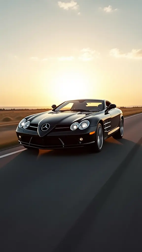 "سيارة مرسيدس SLR سوداء لامعة، تنطلق بسرعة على طريق مفتوح في أجواء غروب الشمس. تصميمها الرياضي الأنيق يظهر من خلال هيكلها الانسيابي وخطوطه الحادة. المصابيح الأمامية LED متوهجة، تضيف لمسة من القوة والرقي، بينما العجلات الكبيرة تدور بسرعة على الإسفلت، مما يترك وراءها أثراً من السرعة والحركة. أبواب السيارة الجانبية تفتح كجناحي النورس، وجسم السيارة يلمع تحت أشعة الشمس الخافتة، مما يبرز جمالها وقوتها."