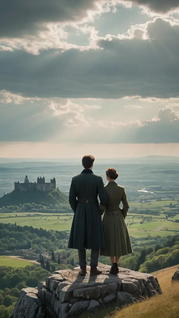 شاب وفتاة يقفان على أرض مرتفعة واسعة، يطلان على منظر مفتوح. الأرض خضراء تحت سماء مليئة بالغيوم الثقيلة التي تختلط بأشعة الشمس. الشاب يرتدي معطفًا طويلًا قديم الطراز، بينما ترتدي الفتاة زيًا ملكيًا. يقفان معًا وينظران نحو الأفق البعيد حيث تمتد الجبال الشاهقة في الخلفية. أسفل الجبال، تمتد مدينة قديمة واسعة، تتوسطها قلعة ضخمة ذات طراز معماري قديم، مع أبراج عالية وأسوار محصنة. المسافة الواسعة بين الرجل والمدينة تتيح رؤية تفاصيل دقيقة للمدينة والمملكة، بينما يضفي ضوء الشمس الغاربة لونًا دافئًا على المشهد، مما يملأ السماء بالألوان الهادئة ويضفي لمسة حالمة على الصورة.