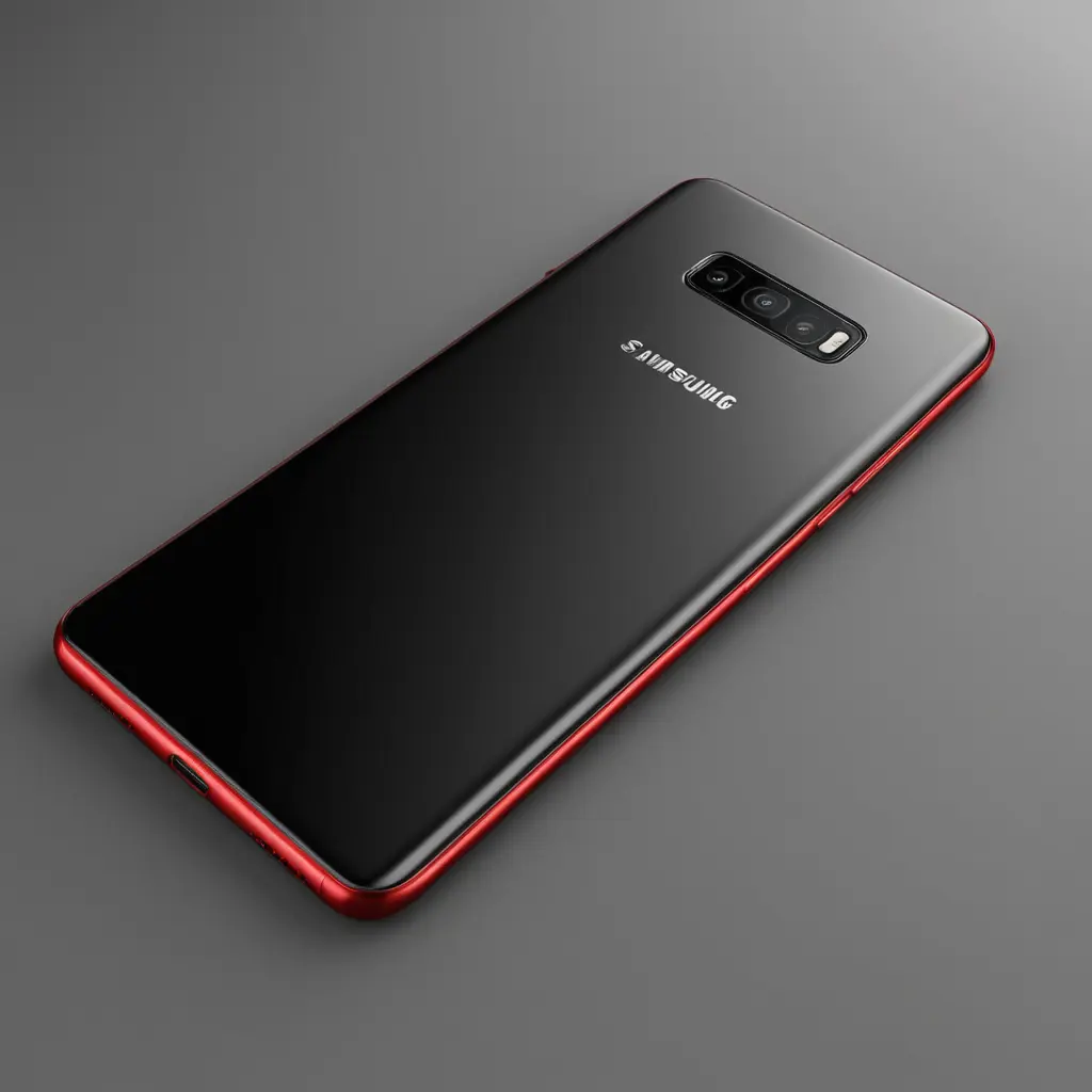 صمم لي هاتف سامسونج جديد من مخيلتك واريد في طابع الحداثه وارني شكل الهاتف من امام ومن خلف وجعل لونه اريد سامسونج نوعيه جديده غير موجوده في السوق وليث موديل قديم اريد كانه من عام 2040 اريد هاتف جميل وارى شكل الشاشه من امام وشكل الظهر الهاتف وصمم لون الهاتف من الخلف نون اسود وبيعه قليلا من لون احمر