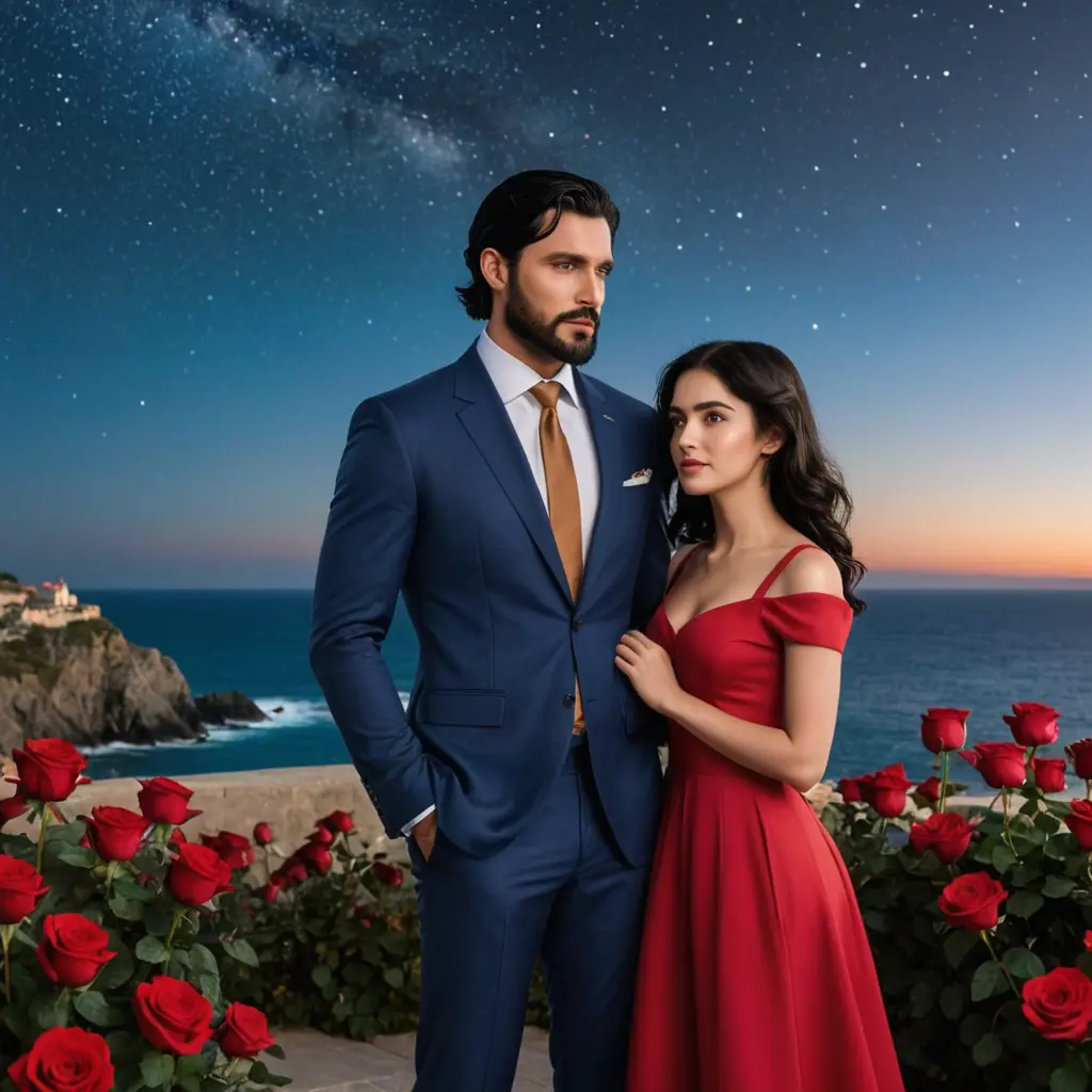 رجل وسيم ذو شعر اسود و بلحية جميلة سوداء يرتدي بدلة زرقاء مع ربطة عنق من البرونز و حذاء بني ينظر لفتاة بحب ترتدي فستان احمر وذات وجه مستدير و شعر اسود في السماء بين النجوم في عمق البحر و كثير من الورود و اجواء رومنسية و خافة و كرتونية