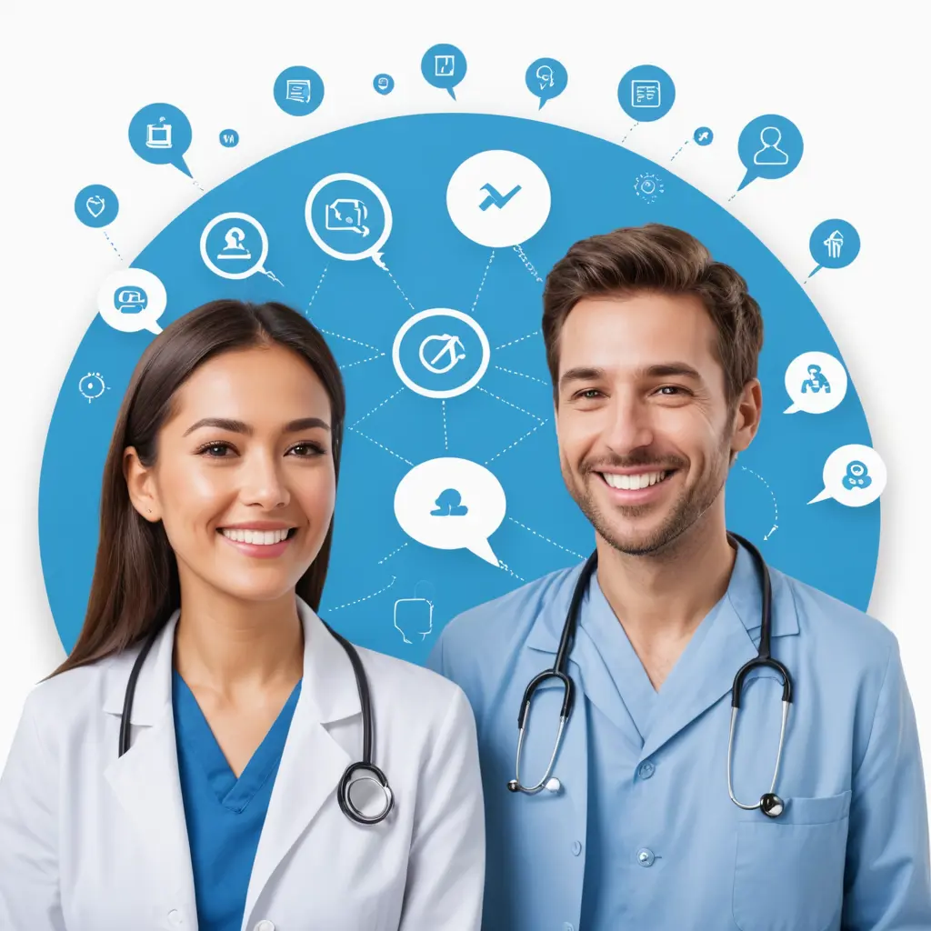 A vibrant illustration on a simple white background with a predominance of bold blue accents. Two sick patients are shown with thought bubbles. Blue arrows lead from the patients to a cluster of digital marketing icons (Google, Facebook, Instagram, LinkedIn, Twitter, Email, Google Ads) in shades of blue. These icons then lead to a bright blue funnel. At the bottom of the funnel, there are outputs of 5-star reviews, coins, and a smiling doctor in a white coat. On either side of the funnel, there are two other doctors representing