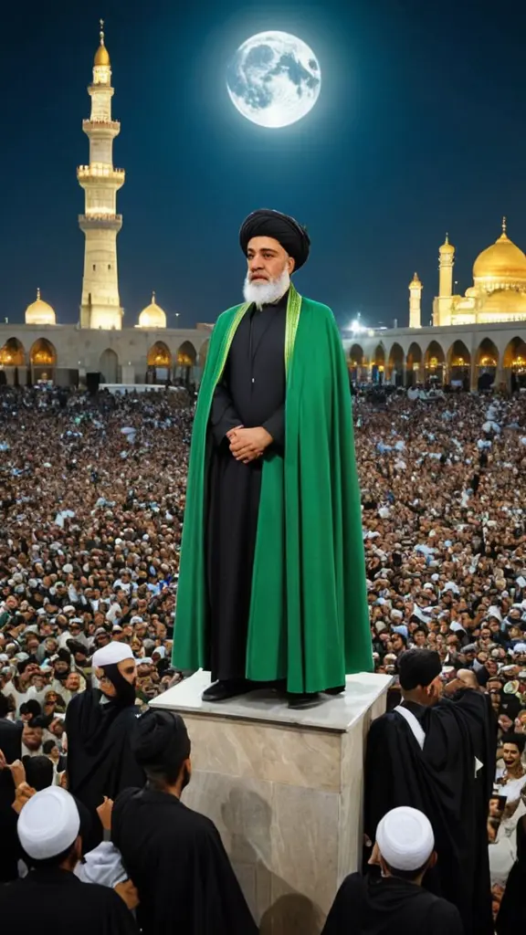 القادة ال313 وانصار الامام المهدي يقفون بالكوفه تحت المنصه والامام المهدي على المنصه يخطب بهم واجعل القادة فخمين ويرتدون زي عسكري وواقع الفخامة بين ازقه الكوفه وينضروف الى المنصه وفيها الامام المهدي يرتدي عبائة خضراء وعمامه سوداء ووجهه منير ومع سيف ذو الفقار والقمر فوق رأسه