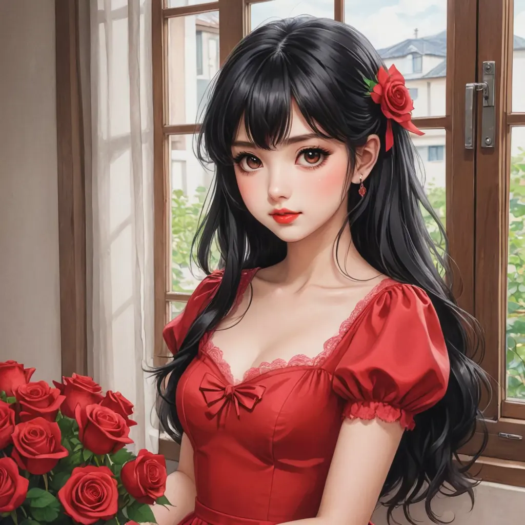 انيمي رسوم دقيقة وجه فتاة شديدة الجمال ذات عيون كبيرة كثيرا ورموش كثيفة كثيرا ذات شعر اسود طويل كثيف وشفاه وخدود حمراء ورد احمر زهري فراولة فستان جميل احمر ورد احمر زهري فراولة كرز في يدها قلم تلوين وورقة رسم بجانب نافذة غرفتها شارع ورد رسمة محترمة