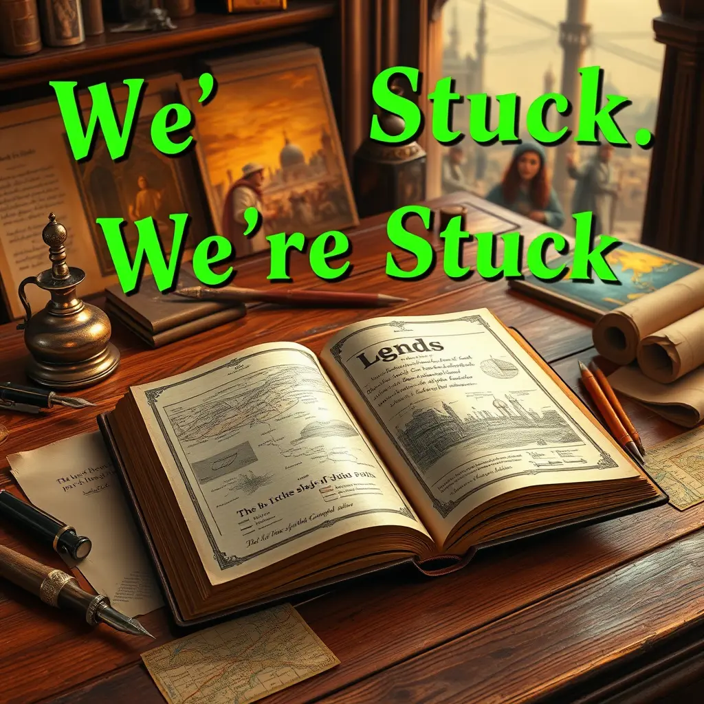 صورة ملهمة لكتاب اساطير مفتوح على طاولة خشبية قديمة، صفحات الكتاب تحتوي على خرائط تاريخية ورسوم توضيحية لمعارك إسلامية مهمة، مثل غزوة بدر وغزوة أحد. حول الكتاب، توجد مجموعة من الأدوات التقليدية مثل قلم حبر، ولفائف ورقية، وخرائط ملونة، مما يعكس روح البحث والدراسة. في الخلفية، تظهر أجواء تاريخية مثل قلاع قديمة أو معارك خيالية، مع أشخاص يرتدون الملابس التقليدية الإسلامية يتناقشون حول الأحداث التاريخية. تضفي الإضاءة الدافئة على الصورة شعورًا بالعمق والحنين إلى الماضي.
مكتوب فيها We're Stuck بطريقة جذابة و جميلة بلون اخضر ساطع