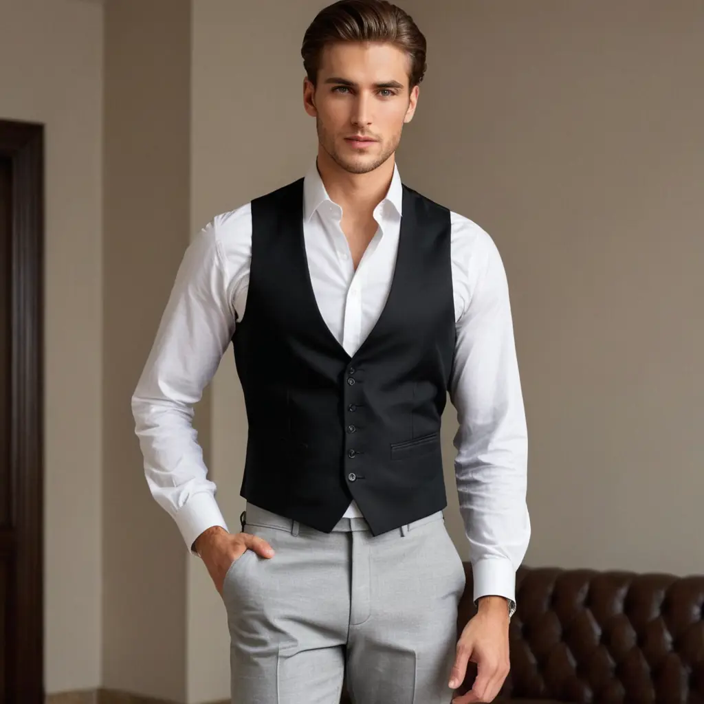 شاب وسيم مظهره رائع ملامحه جميلة جدا فكه حاد بارز العظام عيونه خضراء و رموشه طويلة يرتدي ملابس رسمية حيث يرتدي ؛ قميص ابيض ، صدرية رمادية خفيفة ، و بنطال رمادي خفيف، حذائه اصود فخم ، حزامه اسود، هو طويل القامة بشكل رائع ، المكان :داخل المنزل