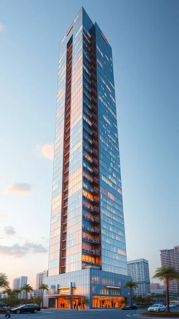 وصف تخيلي لناطحة سحاب بارتفاع 180 متر:
1. **الهيكل الخارجي**:
- تصميم عصري مع واجهات زجاجية تعكس الضوء، مما يمنح البرج مظهرًا حديثًا.
2. **المستويات**:
- يتكون من عدة طوابق (حوالي 45-60 طابقًا)،
- الطوابق السفلية يمكن أن تحتوي على استقبالات ومناطق تجارية.
3. **الطابق العلوي**:
- يمكن أن يحتوي على منصة مراقبة أو مطعم مع إطلالات بانورامية على المدينة.
4. **الألوان والمواد**:
- استخدام الألوان الزاهية مع تفاصيل معدنية لإضفاء مظهر حديث.
- إمكانية دمج مواد مستدامة في البناء.