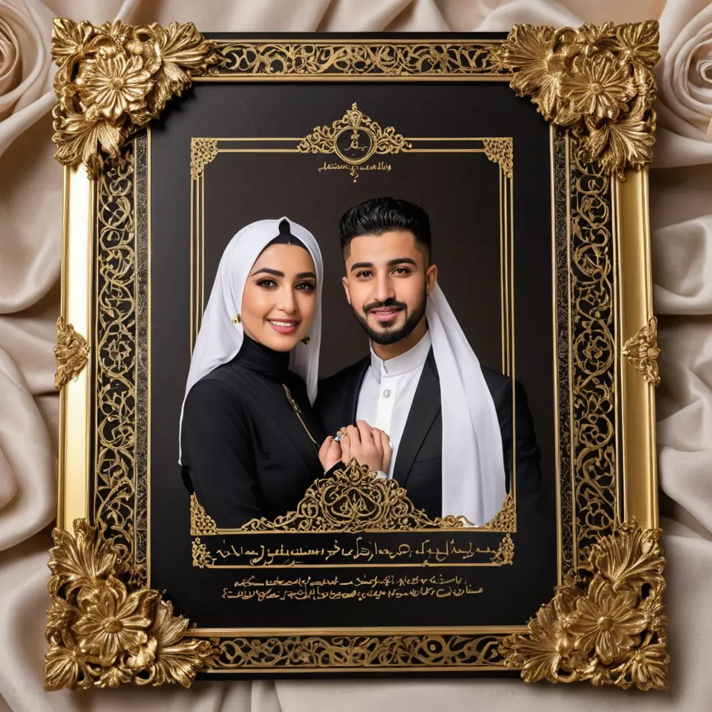 بطاقة دعوة خطوبة الشاب محمد اللحام و الآنسة براءة نمورة يوم 2023.03.17 في صالة الجلاء في دمشق الساعة السادسة مساءً ، إطار من الزهور لكلاسيكية و الرسمية و خواتم ، ألوان كلاسيكية بالأبيض والذهبي و الأسود، تفاصيل شرابة، خط عريض و باللغة العربية