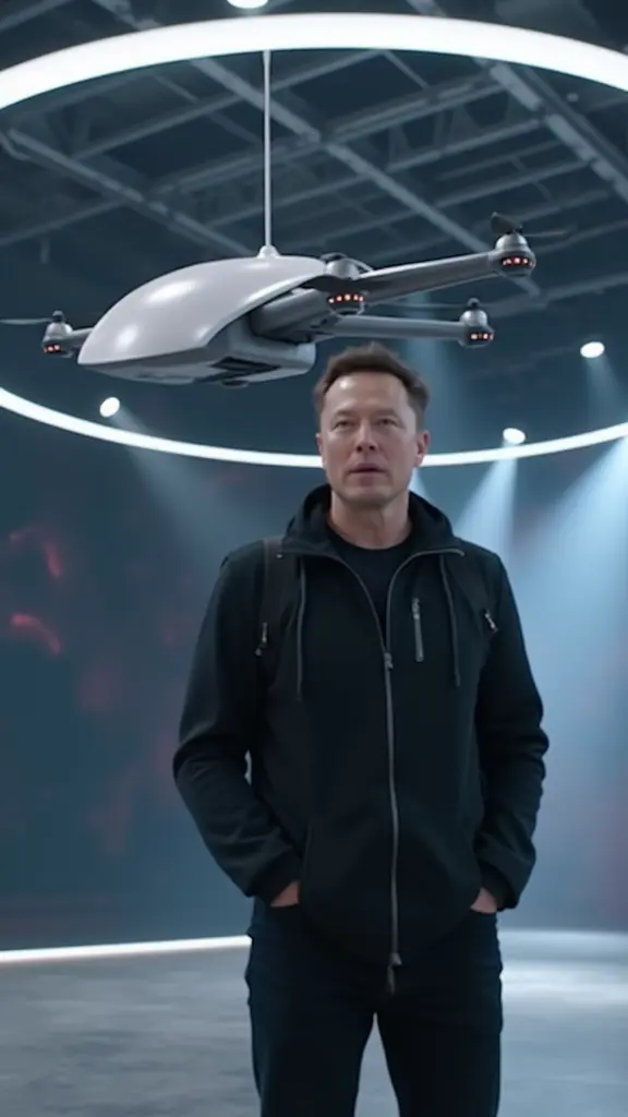 High-quality, realistic photo ofElon Musk at a futuristic product release event, unveiling a new compact personal flying device which is sleek and minimalist, about the size of a large backpack with foldable micro-rotors and a lightweight carbon-fiber frame. It features a single seat with a secure harness