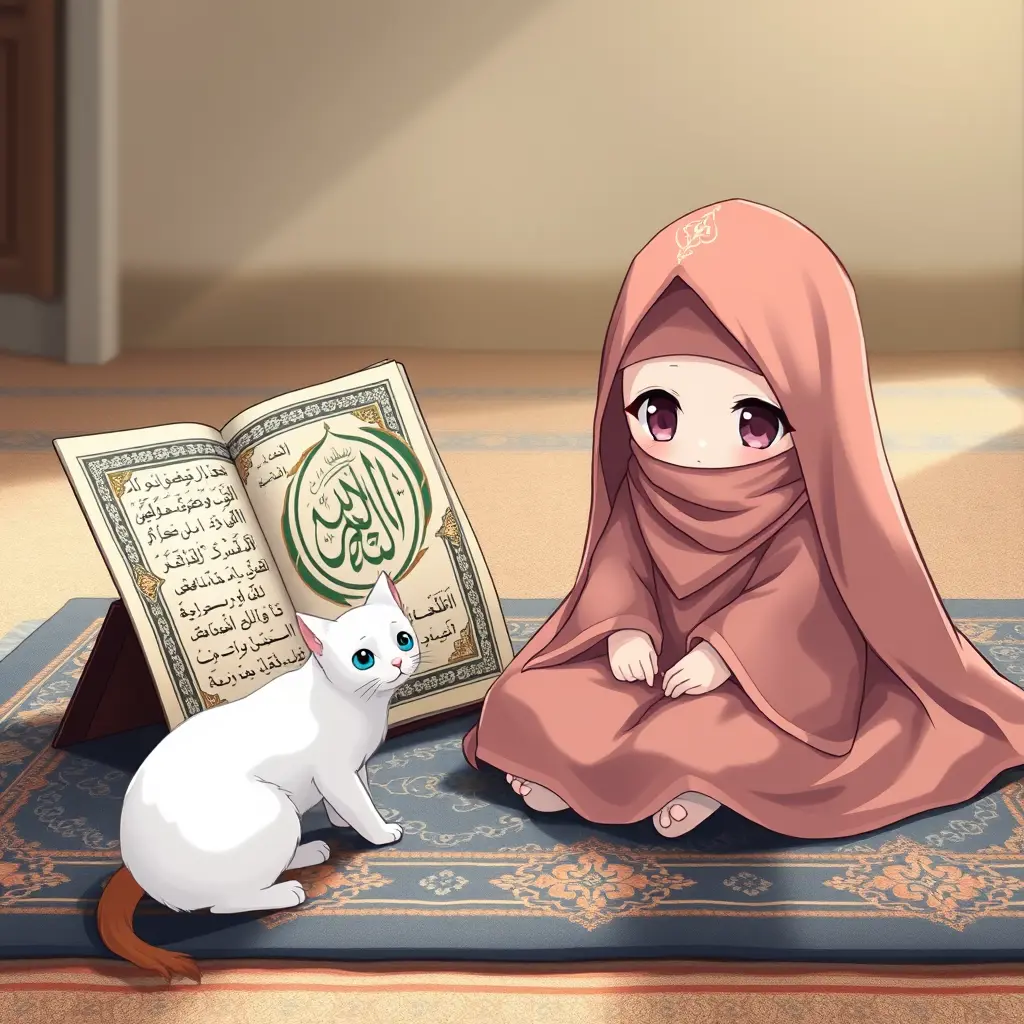 قرآن الكريم جنبه قطه بيضاء صغيرة وبنت آنمي محجبة كيوت على سجادة الوجه ما ظاهر