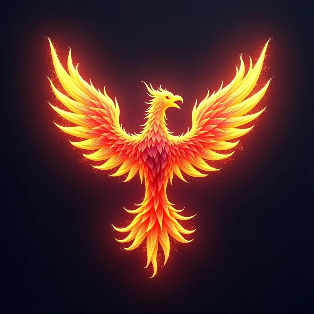 شعار طائر العنقاء يخرج من نيران رقمية، بمظهر مستقبلي وألوان نيون مضيئة، ثلاثي الأبعاد