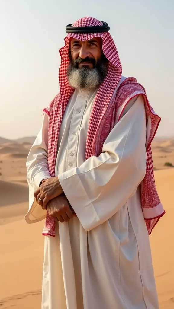 رجل كبير واقف السن بدوي سعودي راعي يرتدي ثوبًا أبيض تقليديًا وغترة حمراء منقوشة صورة بعيدة المدى من الرجل الى الرأس