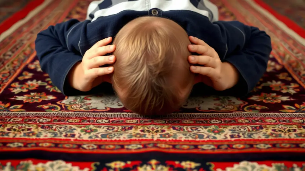 طفل يسجد لله تعالى عمره 10 سنوات جبهته على الارض ويديه الاثنين بمحاذاه راسه على الارض والطفل يكون على سجاده صلاه