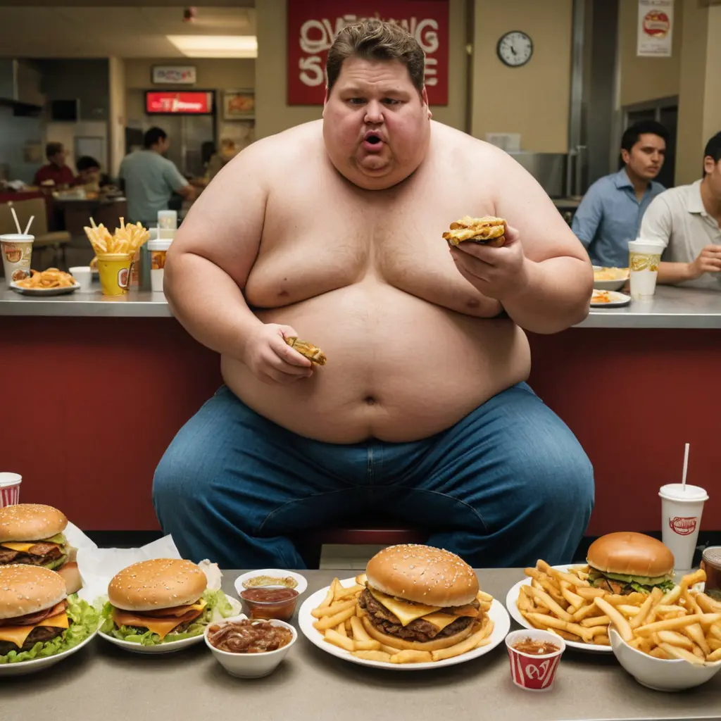 رجل سمين ياكل بنهم شديد وامامه كمية متنوعة من الطعام الجاهز فى مشهد مقزز يحذر من السمنة والاكل السريع ومكتوب على الصورة من فوقه "كل مرة تبدأ دايت تمل وتوقف بعد أيام "