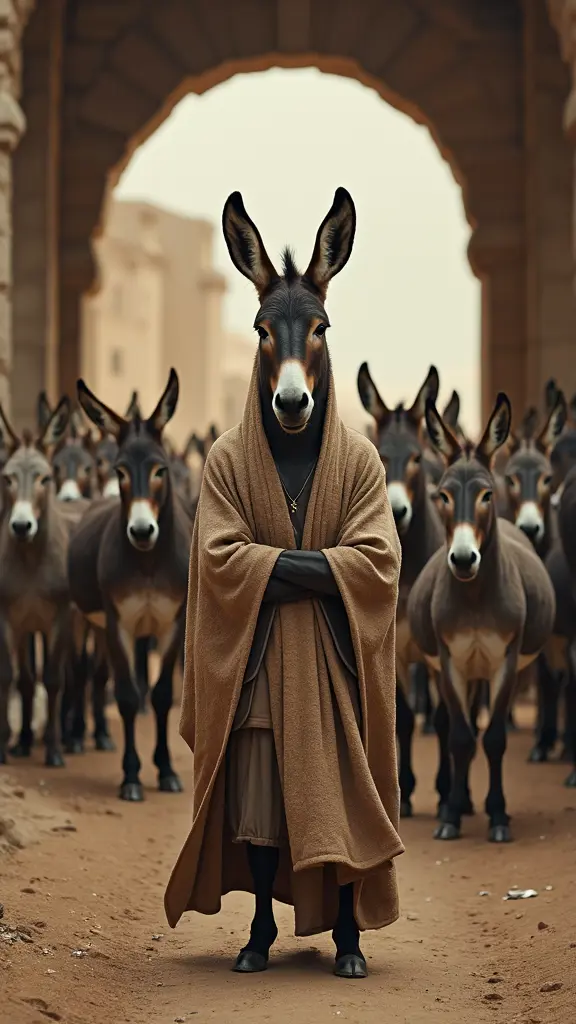 الحمار يرتدي رداءً أو يظهر بتعبير واثق وفخم، يدخل إلى قرية الحمير، التي تفتح له الطريق بخوف واحترام. خلفه في الخلفية، تظهر ظلال الأسود تراقب من بعيد. الحمير تنظر إليه بتقديس، وبعضهم يظهر الارتباك أو الحذر.