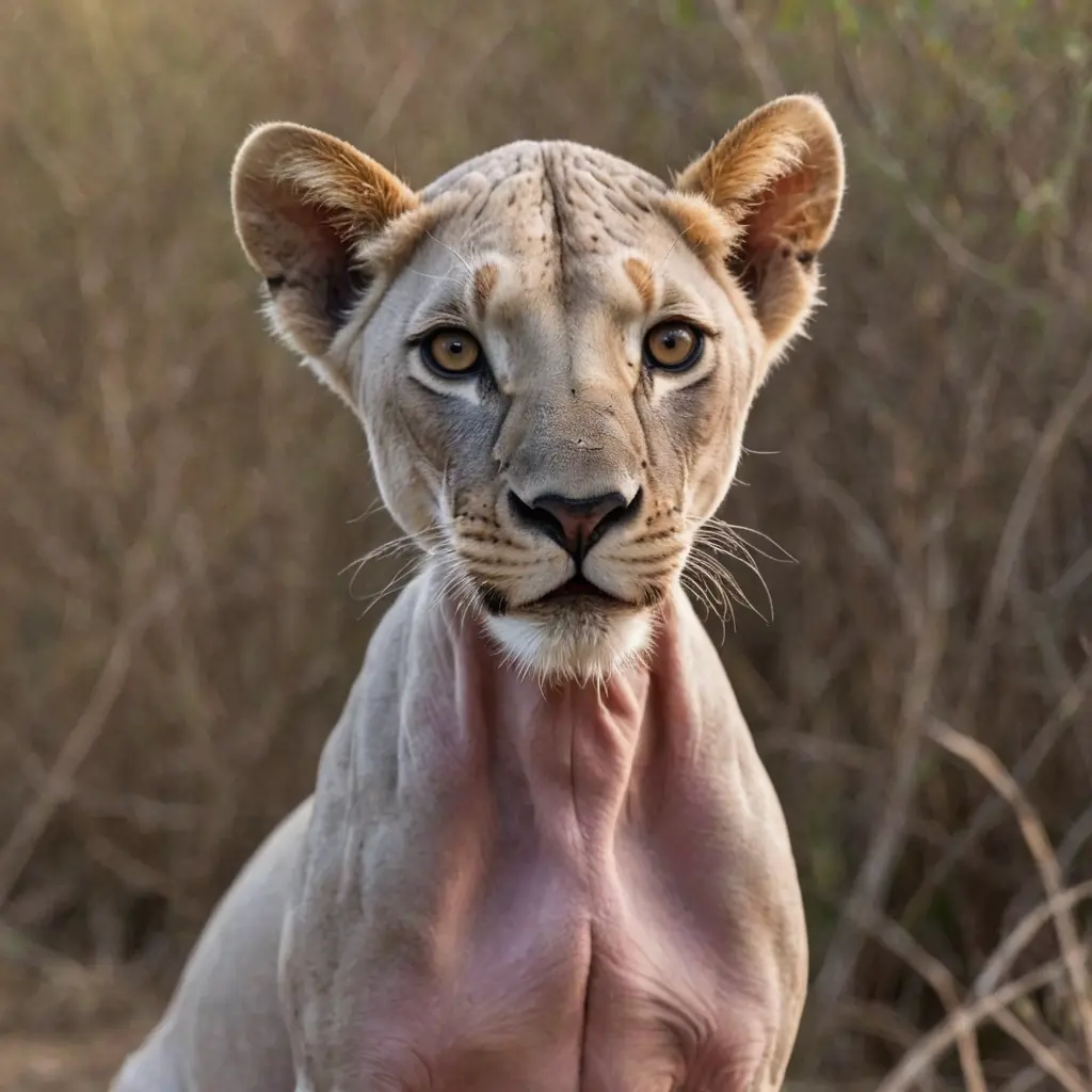 صورة اسد بدون شعر مع شارب انسان سميك