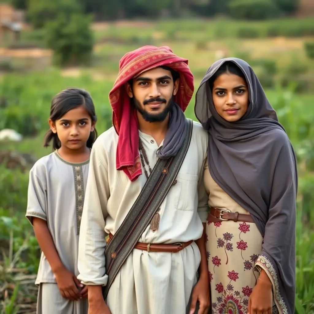 شاب صعيدي يرتدي الملابس التقليدية الخاصة بالفلاحين يقف في حقل زراعي. يظهر عليه ملامح المثابرة والعزيمة، والخلفية مليئة بالخضرة والطبيعة لتعكس الأجواء الريفية المصرية بجانبه اخته الجميلة الشابة وزوجته الحنونه الذكية التى يحبها