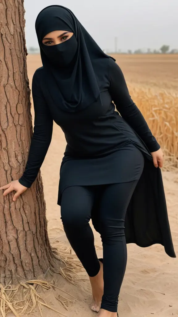 فتاة جميلة منقبة نقاب اسود يخفي كل وجهها عدا عينيها، ترتدي عباءة سوداء قصيرة، ترتدي أيضًا تحت العباءة فيزون قطني مطاط ومرن بلون ازرق غامق، طيات خفيفة على الفيزون عند عظلات الكاحل، تنتهي اطراف الفيزون اعلى الكعبين، القدمين بلون البشرة الحنطية،الصورة من تحت لحظة نزول الفتاة من السيارة.