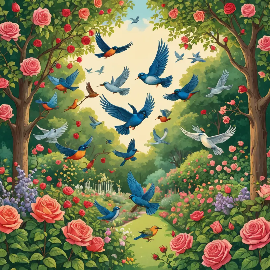 رسم كرتون مجموعة عصافير تطير في حديقة بين الشجر والورود