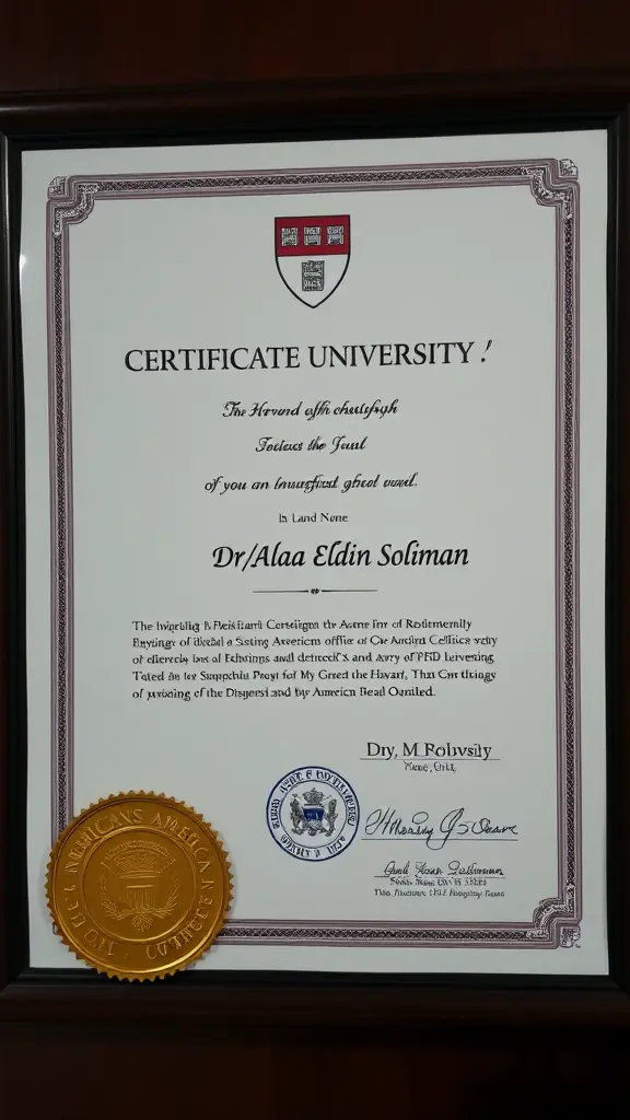 PHD certificate from Harvard university with name DR/Alaa Eldin Soliman and has gold stamp of american government
