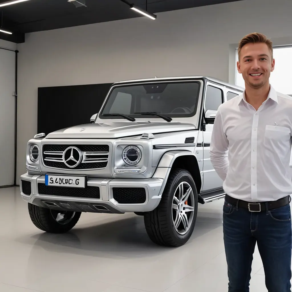 رجل كرتوني يبين فخامه شعار مرسيدس G class كرتون 3d