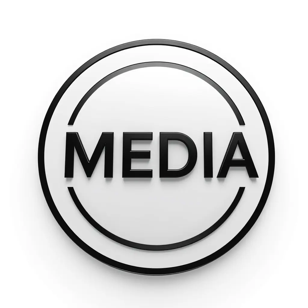 Generate a detailed logo in 3d for a company named 'MEDIA' in the internet field. The logo should prominently feature MEDIA and circle which uses black and white palette.