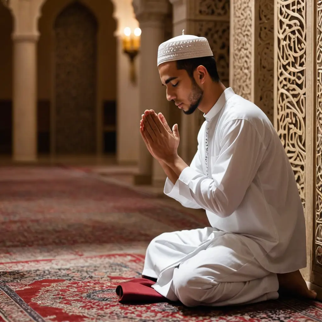 محتاج صورةلرجل شاب يقوم بالدعاء مع خلفية إسلامية 