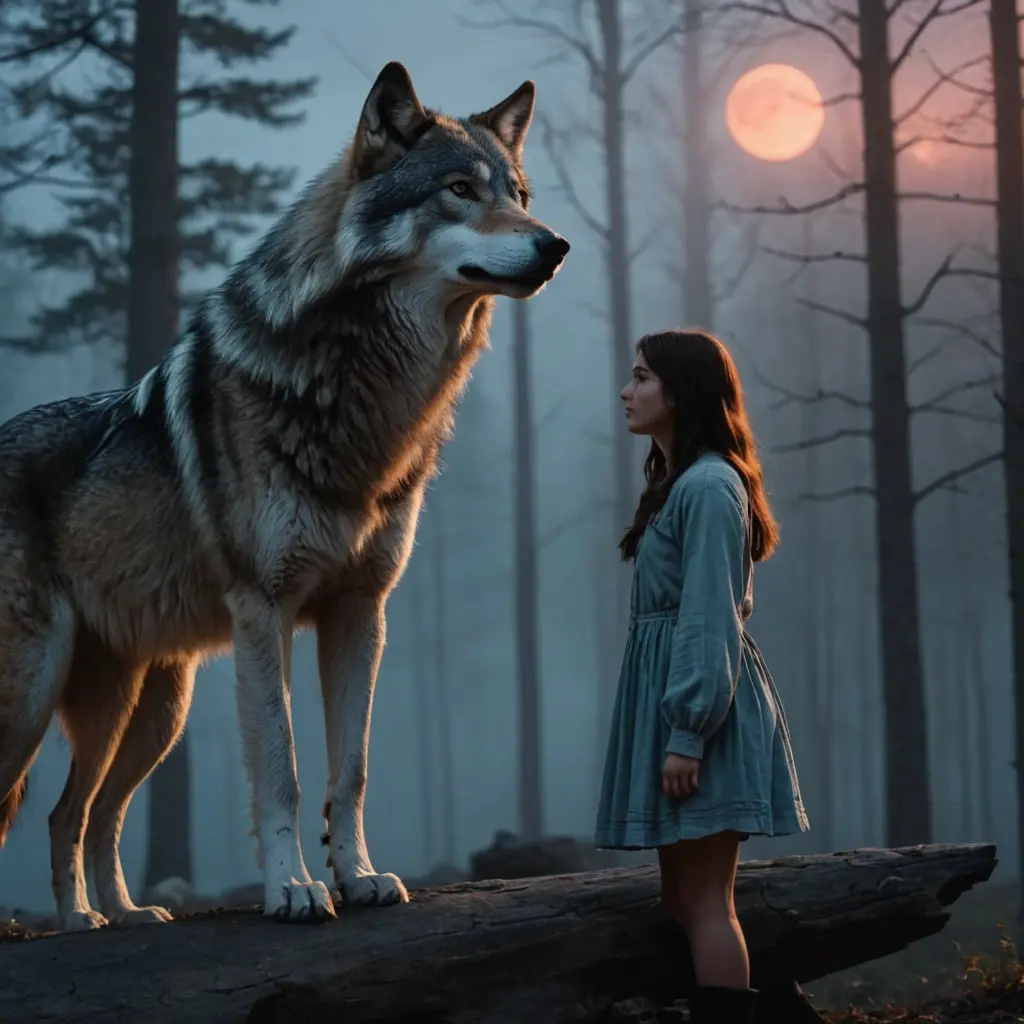 ذئب يقف مع فتاه في مشهد رومانسي