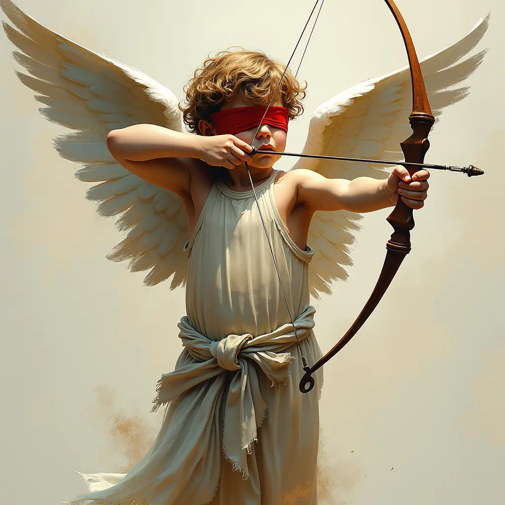 Angel boy with a bow pointing forward and blindfolded in abstract art