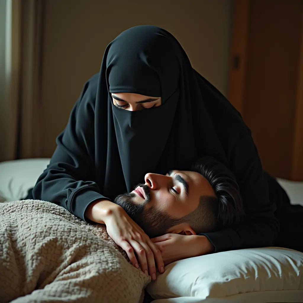 امرأة محجبة عربية تجلس على الوجه زوجها المقيد على السرير  