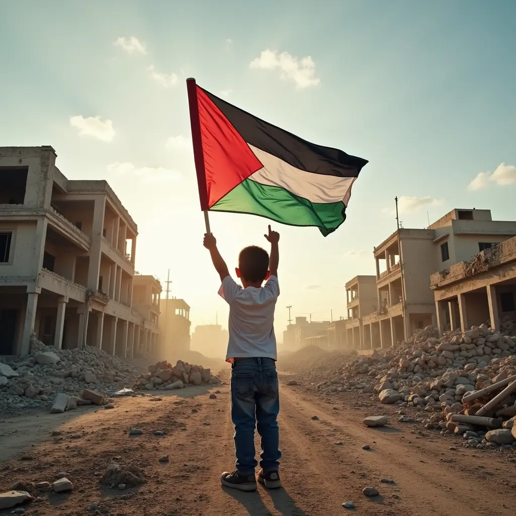 انشىء صورة تعبر عن انتصار اهالي قطاع غزة تحتوي على مباني مدمرة وردم وعلم فلسطين وطفل يرفع شارك النصر