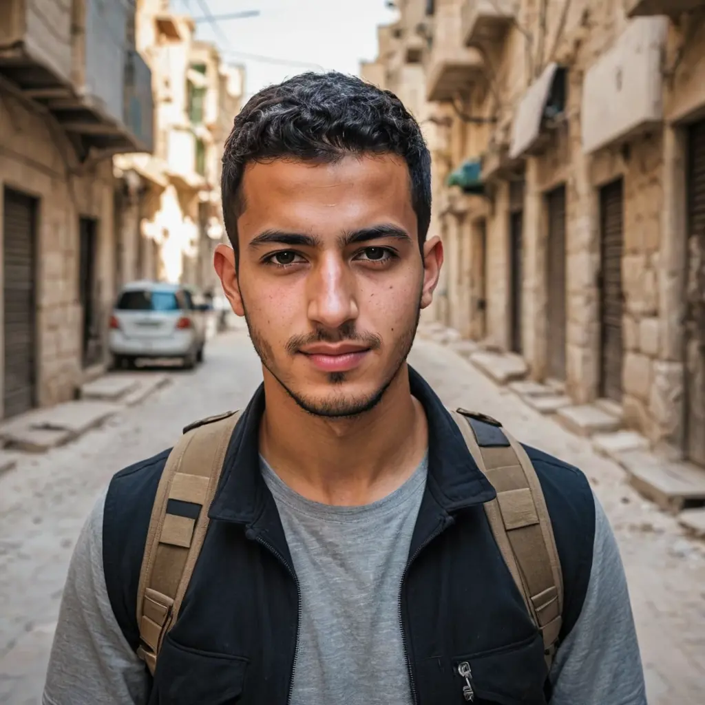 صورة لرجل شاب فلسطيني تجمع بين كل أبعاد الحرب والعرب والإسلام والقدس والعلم . صورة بروفيل للملف الشخصي فيسبوك