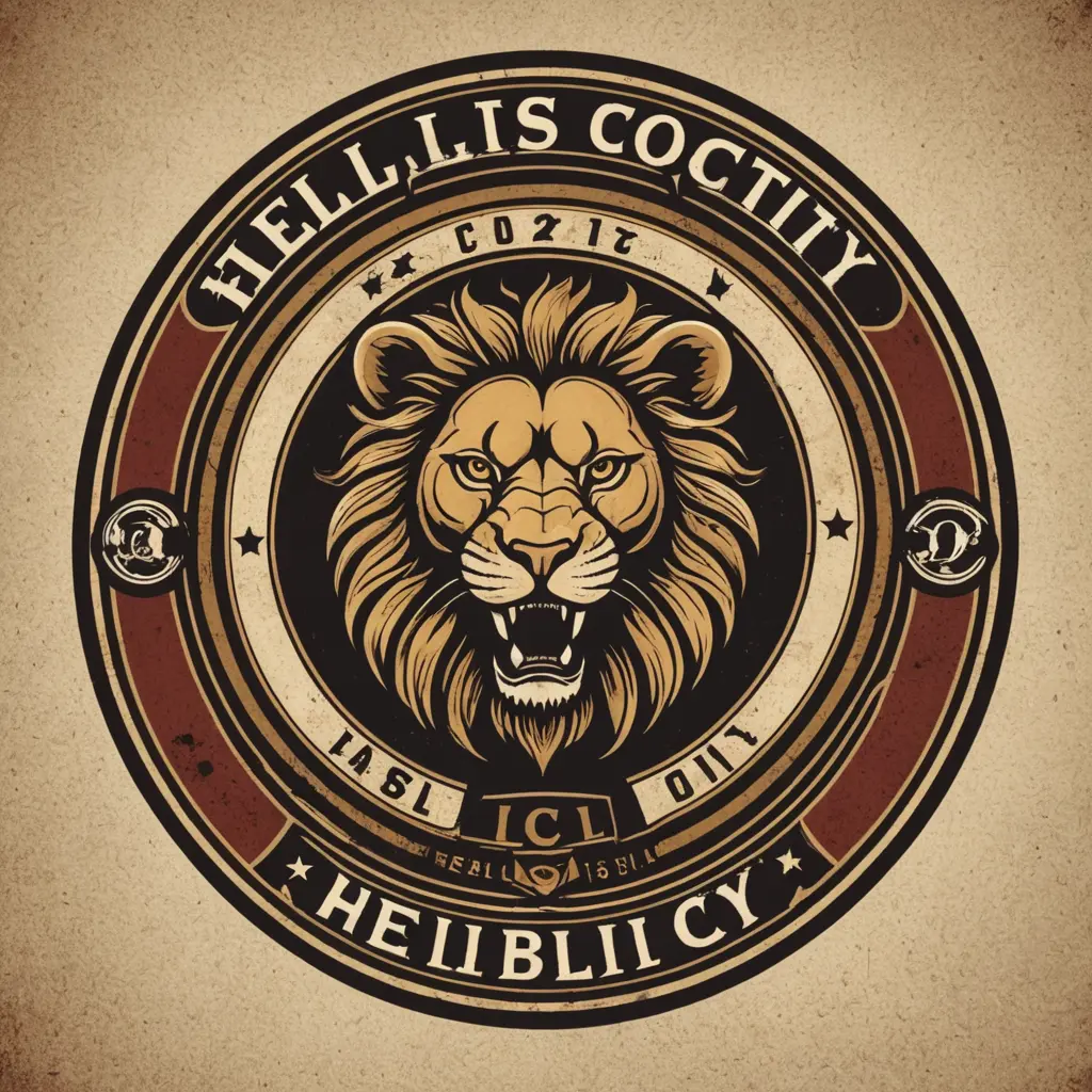 شعار نادي كرة قدم اسمه Hell City متكون من دائرة و اسد و سفينة و شكل خماسي صغير