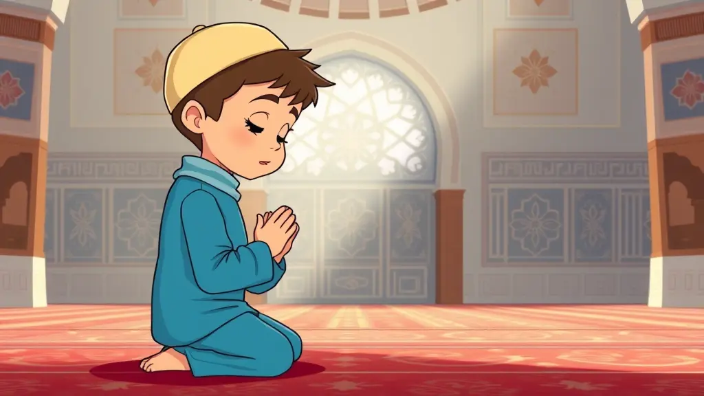 صورة كرتونية لصبي مسلم صغير راكع في الصلاة، مطوي اليدين متضرعًا، وعيناه متجهتان نحو الأسفل في خشوع وخضوع. المشهد عبارة عن مسجد تقليدي بزخارف هندسية متقنة تزين الجدران،