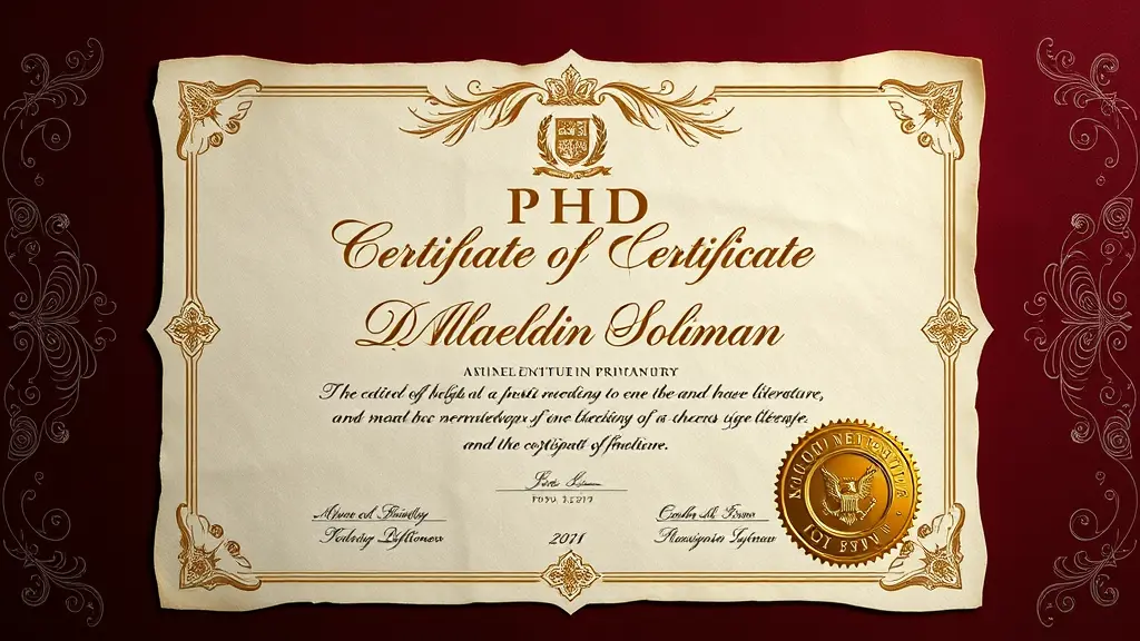 A meticulously crafted PHD certificate from Oxford University in English Literature, featuring the recipient's name DR/Alaa Eldin Soliman in elegant gold calligraphy at the top center. The certificate is adorned with a prominent gold stamp that bears the university seal. Richly textured parchment with intricate watermarking and fine etching outlines the design, giving it a vintage, academic grandeur. The background subtly features subtle filigree patterns typical of classical British craftsmanship, set against a deep burgundy color. This exquisite document exudes prestige and scholarly achievement, captured in the style of a detailed digital painting.