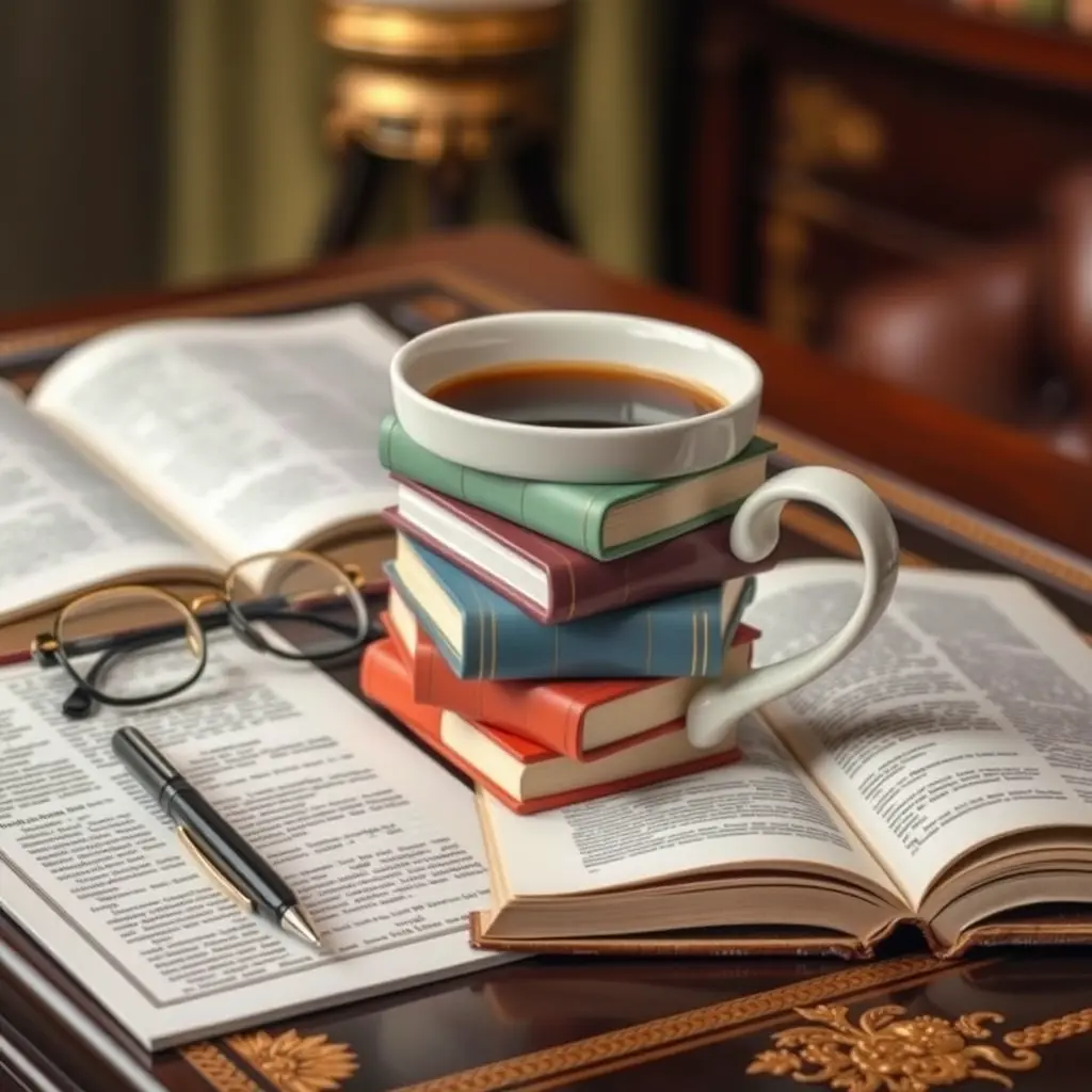 صورة كوب قهوة على شكل كتب كلاسيكية مصفوفة فوق بعضها عكس بعضها البعض .. بألوان كلاسيكية وجذابة. .. الكوب على مكتب فخم و بجانب الكوب نظارة وقلم وكتاب مفتوح ..