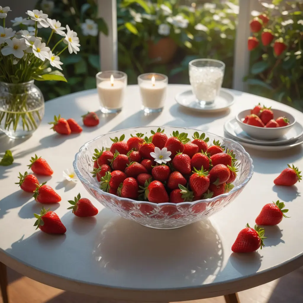 Transparent bowl, glowing red strawberries, 3D cream, round table, white phlox flowers background, tranquil evening, soft sunlight, sharp focused contents at center, Greg Rutkowski-Loish-Rhads-Beeple-Makoto fusion style, watercolor bonds, ArtStation trending ambiance, studio photo environment, global illumination, intricate garden detail, sharp focus, highly detailed, ultra fine, studio lighting,
